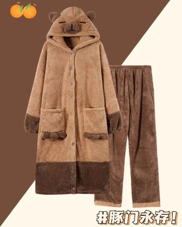 Kawaii Capybara Pajamas – Thick Coral Fleece for Fall and Winter