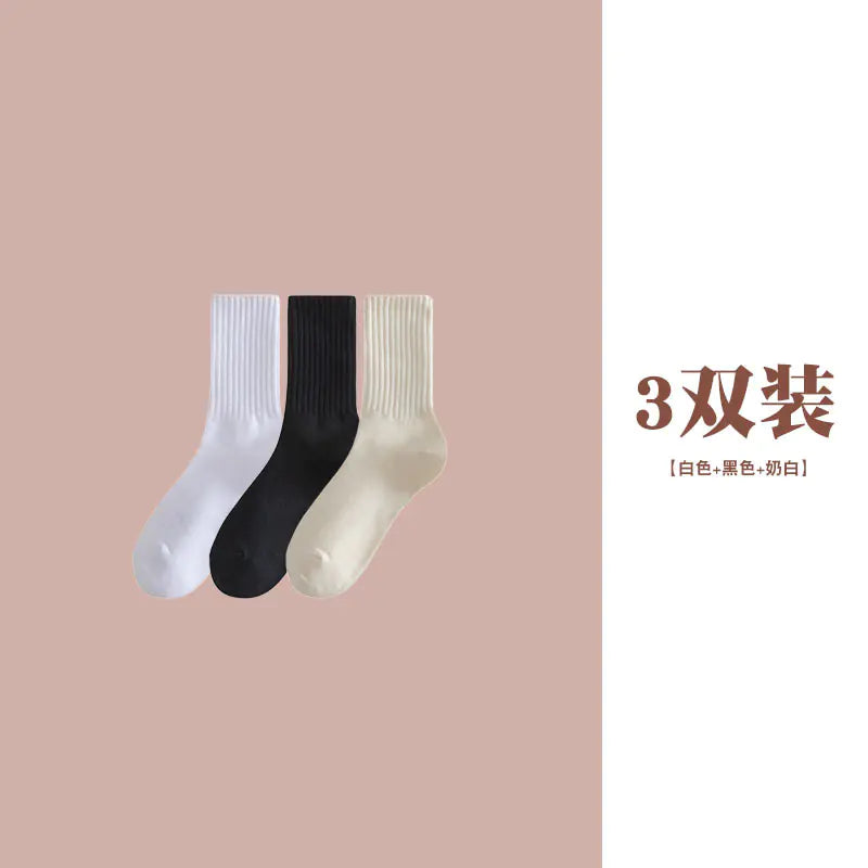 Women's Casual Mid-Calf Socks – Solid Color Japanese Style