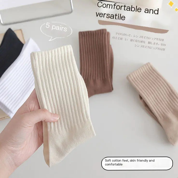 Women's Casual Mid-Calf Socks – Solid Color Japanese Style