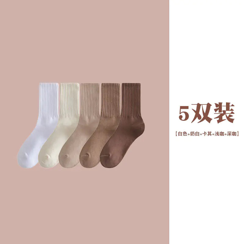 Women's Casual Mid-Calf Socks – Solid Color Japanese Style