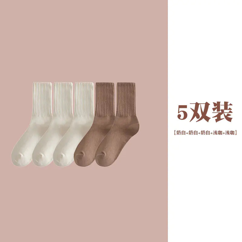 Women's Casual Mid-Calf Socks – Solid Color Japanese Style