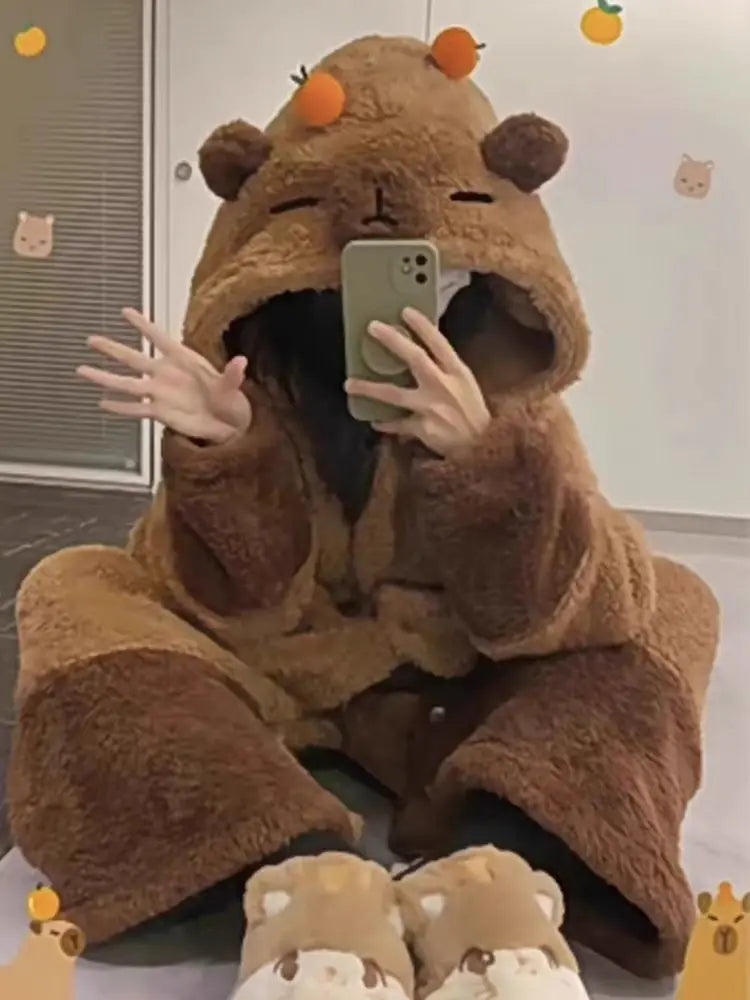 Kawaii Capybara Pajamas – Thick Coral Fleece for Fall and Winter