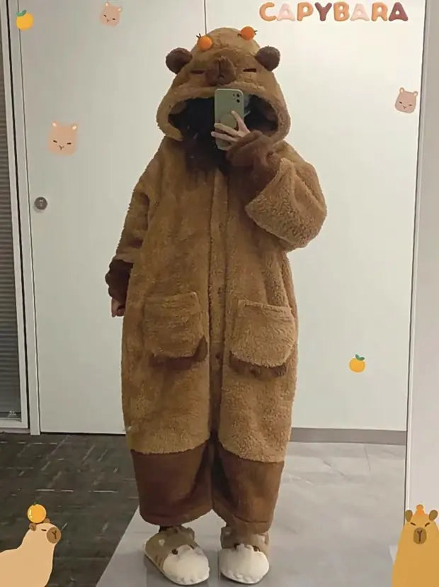 Kawaii Capybara Pajamas – Thick Coral Fleece for Fall and Winter
